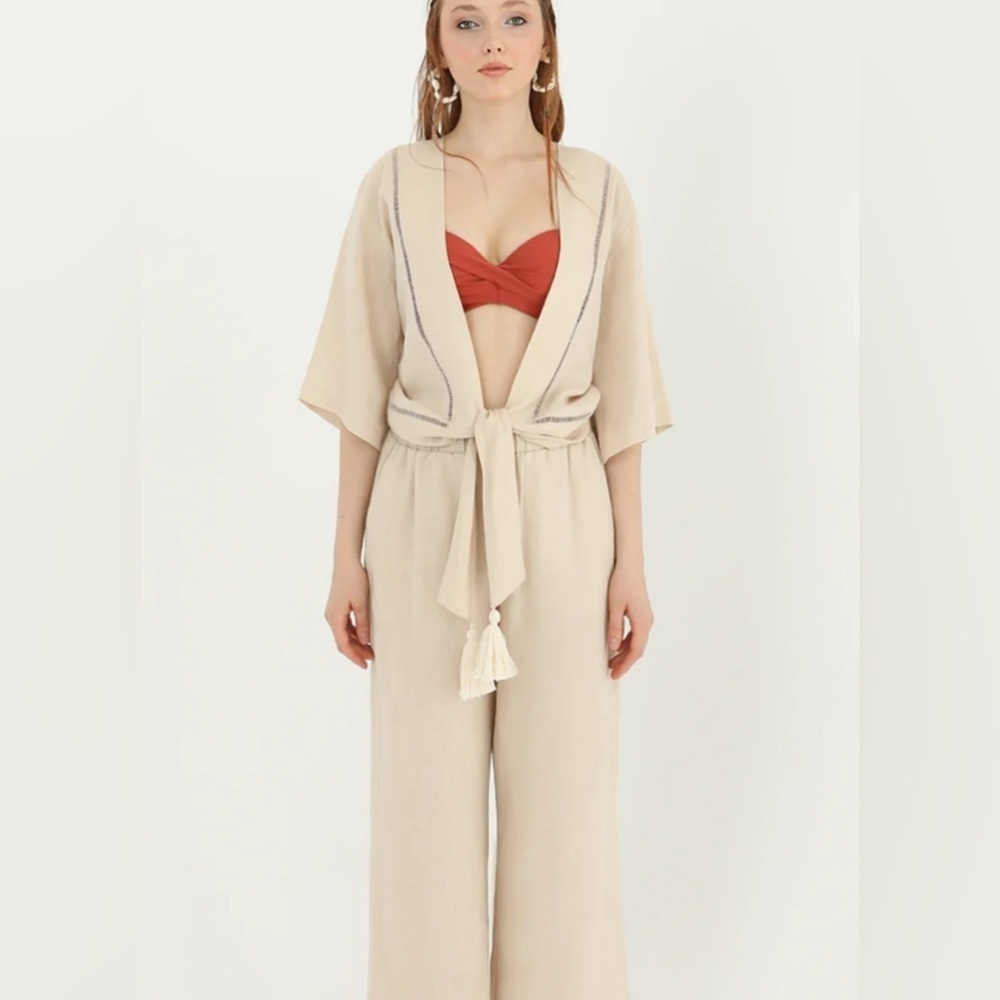 Soul of Mu Beige Open-Front Tie 100% Linen Shirt Jacket Tassels XS